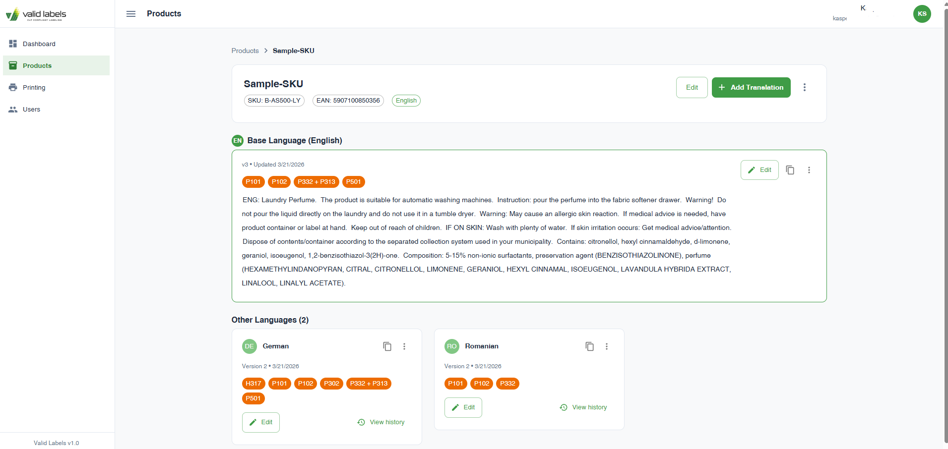 ValidLabels product detail view — multilingual CLP label content per SKU